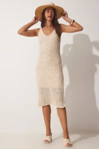 Happiness İstanbul Women's Cream Strap Openwork Summer Knitwear Dress - Image 3