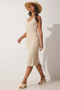 Happiness İstanbul Women's Cream Strap Openwork Summer Knitwear Dress - Image 4