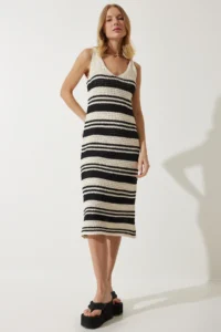 Happiness İstanbul Women's Cream Black Strappy Striped Summer Knitwear Dress - Image 2