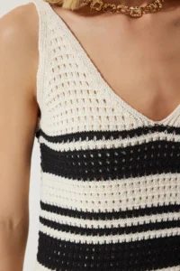 Happiness İstanbul Women's Cream Black Strappy Striped Summer Knitwear Dress - Image 3