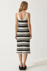 Happiness İstanbul Women's Cream Black Strappy Striped Summer Knitwear Dress - Image 4