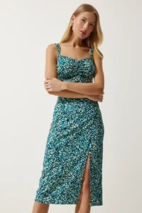 Happiness İstanbul Women's Green Black Double Strap Patterned Knitted Dress - Image 4