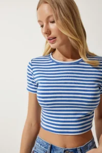 Happiness İstanbul Women Blue Striped Crop Knitting T-Shirt
