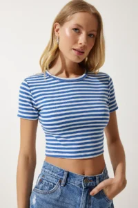 Happiness İstanbul Women Blue Striped Crop Knitting T-Shirt - Image 2