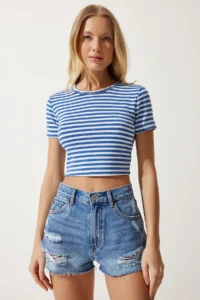 Happiness İstanbul Women Blue Striped Crop Knitting T-Shirt - Image 3