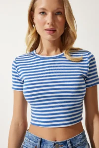 Happiness İstanbul Women Blue Striped Crop Knitting T-Shirt - Image 4