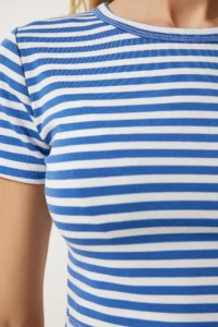 Happiness İstanbul Women Blue Striped Crop Knitting T-Shirt - Image 5