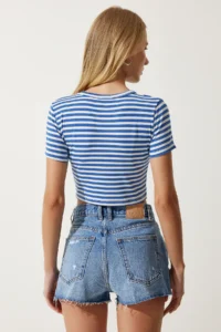 Happiness İstanbul Women Blue Striped Crop Knitting T-Shirt - Image 6