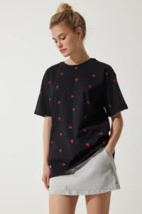 Happiness İstanbul Women's Black Heart 100% Cotton Oversize Long Knitted T-Shirt - Image 2