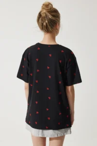 Happiness İstanbul Women's Black Heart 100% Cotton Oversize Long Knitted T-Shirt - Image 5