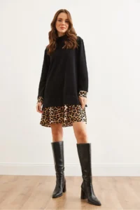 Olalook Women's Black Leopard Garnished Thessaloniki Dress - Image 2