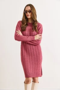 Olalook Women's Dusty Rose Banded Waist Slit Hair Knitted Mini Dress - Image 5