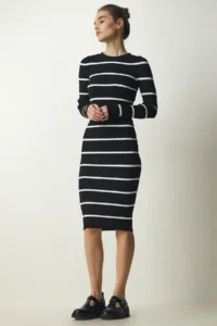 Happiness İstanbul Women's Black Ribbed Striped Saran Knitwear Dress