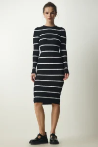 Happiness İstanbul Women's Black Ribbed Striped Saran Knitwear Dress - Image 2