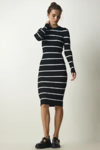 Happiness İstanbul Women's Black Ribbed Striped Saran Knitwear Dress - Image 3