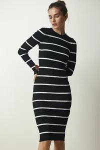 Happiness İstanbul Women's Black Ribbed Striped Saran Knitwear Dress - Image 4