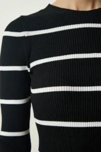 Happiness İstanbul Women's Black Ribbed Striped Saran Knitwear Dress - Image 5