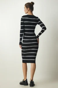 Happiness İstanbul Women's Black Ribbed Striped Saran Knitwear Dress - Image 6