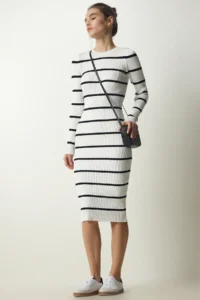 Happiness İstanbul Women's White Corded Striped Saran Knitwear Dress