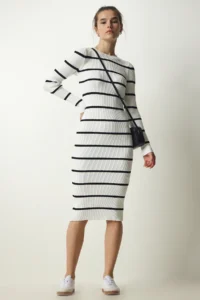 Happiness İstanbul Women's White Corded Striped Saran Knitwear Dress - Image 2