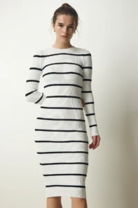 Happiness İstanbul Women's White Corded Striped Saran Knitwear Dress - Image 3
