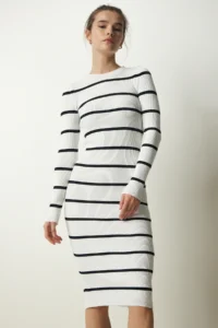 Happiness İstanbul Women's White Corded Striped Saran Knitwear Dress - Image 4