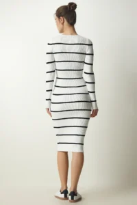 Happiness İstanbul Women's White Corded Striped Saran Knitwear Dress - Image 6