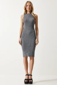 Happiness İstanbul Women Smoke Gray Ribbed Saran Knit Dress