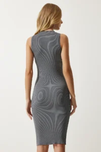 Happiness İstanbul Women Smoke Gray Ribbed Saran Knit Dress - Image 6