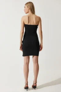 Happiness İstanbul Women's Black Floral Detailed Strapless Mini Knitwear Dress - Image 6