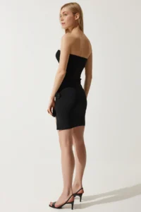 Happiness İstanbul Women's Black Floral Detailed Strapless Mini Knitwear Dress - Image 7