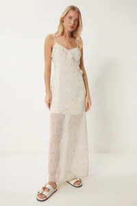 Happiness İstanbul Women's Light Cream Floral Summer Long Chiffon Dress - Image 2