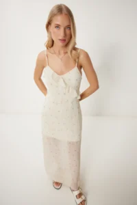 Happiness İstanbul Women's Light Cream Floral Summer Long Chiffon Dress - Image 3