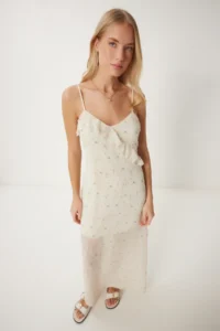 Happiness İstanbul Women's Light Cream Floral Summer Long Chiffon Dress - Image 4