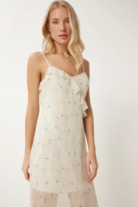 Happiness İstanbul Women's Light Cream Floral Summer Long Chiffon Dress - Image 5
