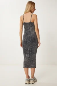 Happiness İstanbul Women's Black Strap Ribbed Cotton Knitted Dress - Image 3