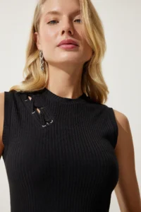 Happiness İstanbul Women Black Bird Eye Detailed Knitting Dress - Image 3