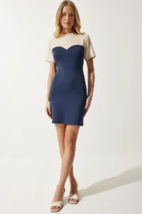 Happiness İstanbul Women's Cream Navy Blue Color Block Saran Mini Knitted Dress - Image 2