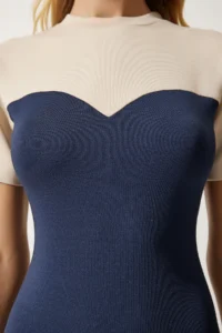 Happiness İstanbul Women's Cream Navy Blue Color Block Saran Mini Knitted Dress - Image 4