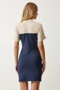 Happiness İstanbul Women's Cream Navy Blue Color Block Saran Mini Knitted Dress - Image 5
