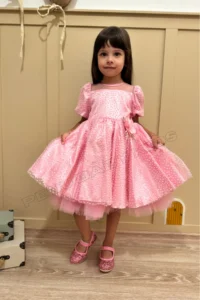 penu baby kids Pink Flower Detailed Glitter Polka Dot Balloon Sleeve Girl's Dress - Image 2