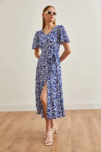 Olalook Women's Patterned Saks Blue V-Neck Belted Buttoned Knitted Dress - Image 2