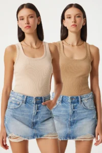 Lovelyİstanbul 2-Piece Ribbed Thick Strap Knitted Undershirt BISCUIT CREAM