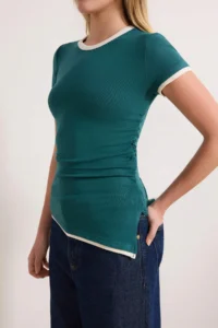 TRENDYOLMİLLA Petrol Blue Blue Blue Fitted Short Sleeve Piped Soft Knitting T-Shirt - Image 3