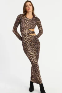 Cool & Sexy Women's Camel-Black Low-cut Leopard Maxi New Year Dress