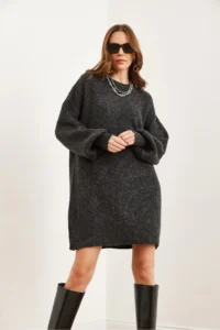 Olalook Women's Anthracite Crew Neck Balloon Sleeve Soft Textured Knitwear Tunic Dress - Image 2