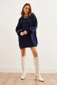 Olalook Navy Blue Crew Neck Balloon Sleeve Soft Textured Knitwear Tunic Dress - Image 2