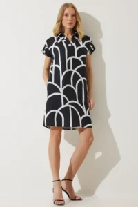 Happiness İstanbul Women's Black Polo Neck Patterned Summer Dress