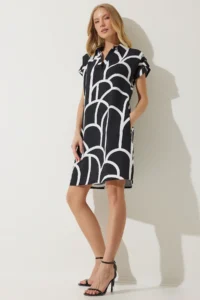 Happiness İstanbul Women's Black Polo Neck Patterned Summer Dress - Image 2