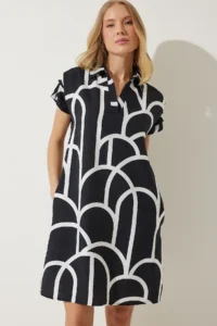 Happiness İstanbul Women's Black Polo Neck Patterned Summer Dress - Image 3